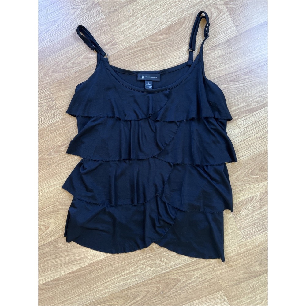 I.N.C. Ruffle Tiered Tank Top Black Sz Large Boho‎ Summer Resort Date Night